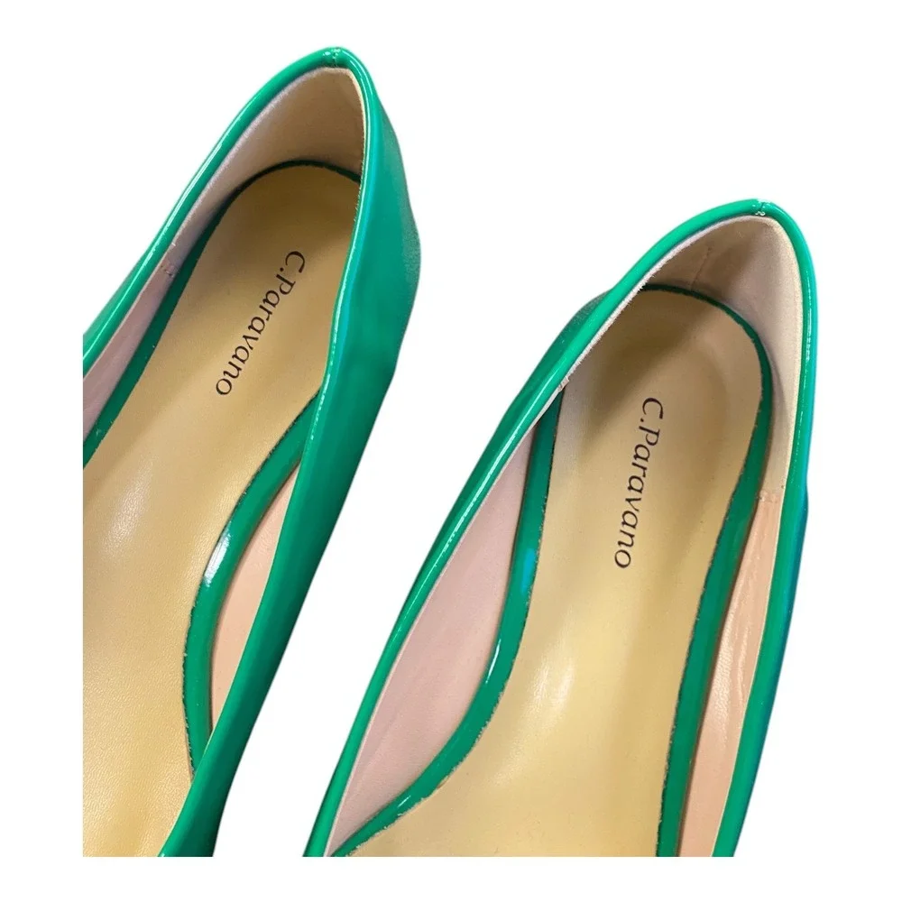 C Paravano Emerald Green Patent Bow Pointed Toe Flats Size 39‎